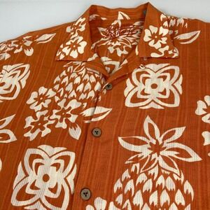 Tommy Bahama Mens Medium Orange Pineapple Floral Hawaiian Linen Blend Shirt Flaw